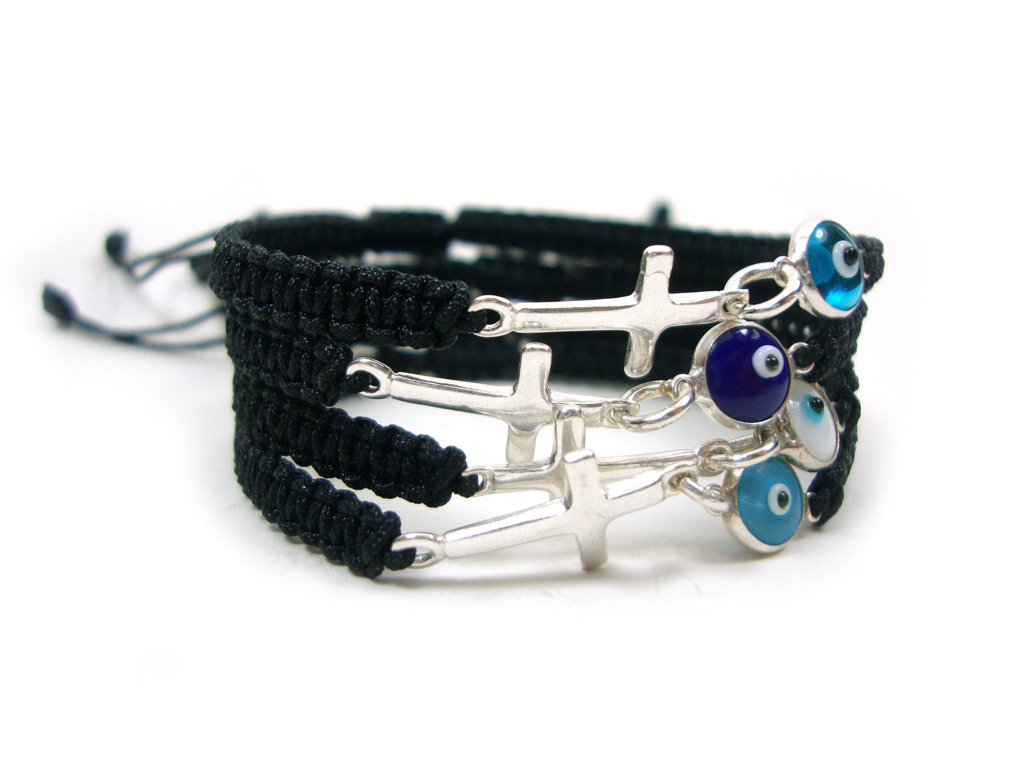 Evil Eye Bracelets, Good Luck 7mm & Cross Handmade Adjustable Macrame Bracelet , Griechische Silber Armband, Bijoux Grecque