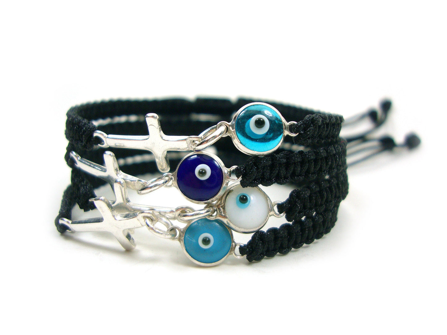 Evil Eye Bracelets, Good Luck 7mm & Cross Handmade Adjustable Macrame Bracelet , Griechische Silber Armband, Bijoux Grecque