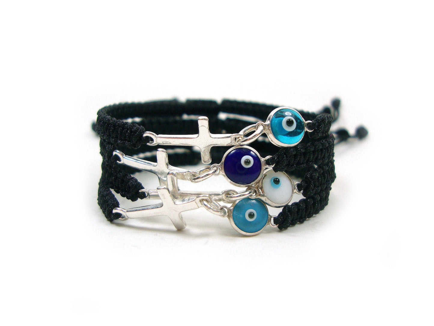 Evil Eye Bracelets, Good Luck 7mm & Cross Handmade Adjustable Macrame Bracelet , Griechische Silber Armband, Bijoux Grecque