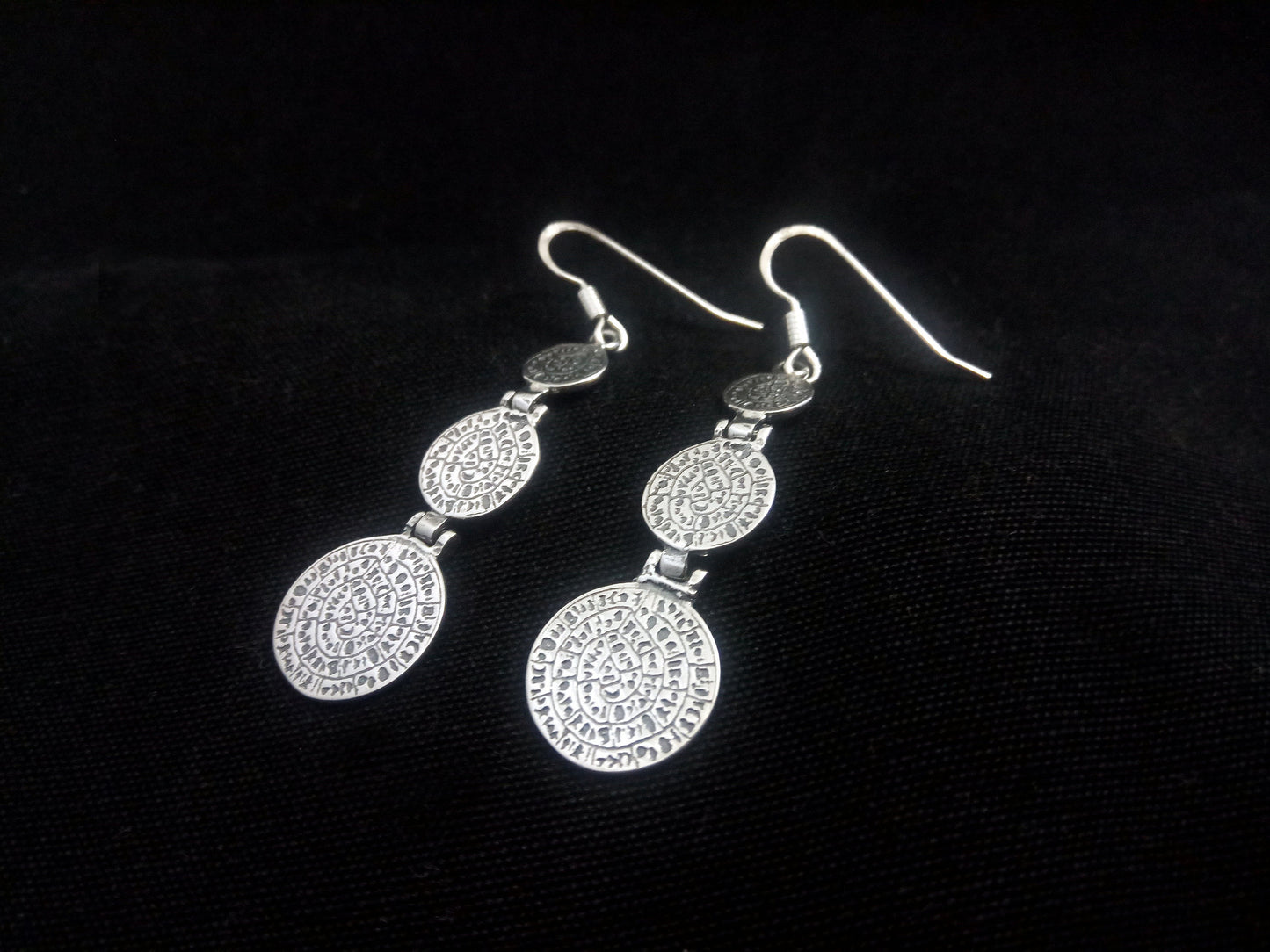 Sterling Silver 925 Phaistos Disc Greek Minoan Gradual Dangle Earrings, Griechischer Silber Ohrringe, Bijoux Grecque, Phaistos Earrings