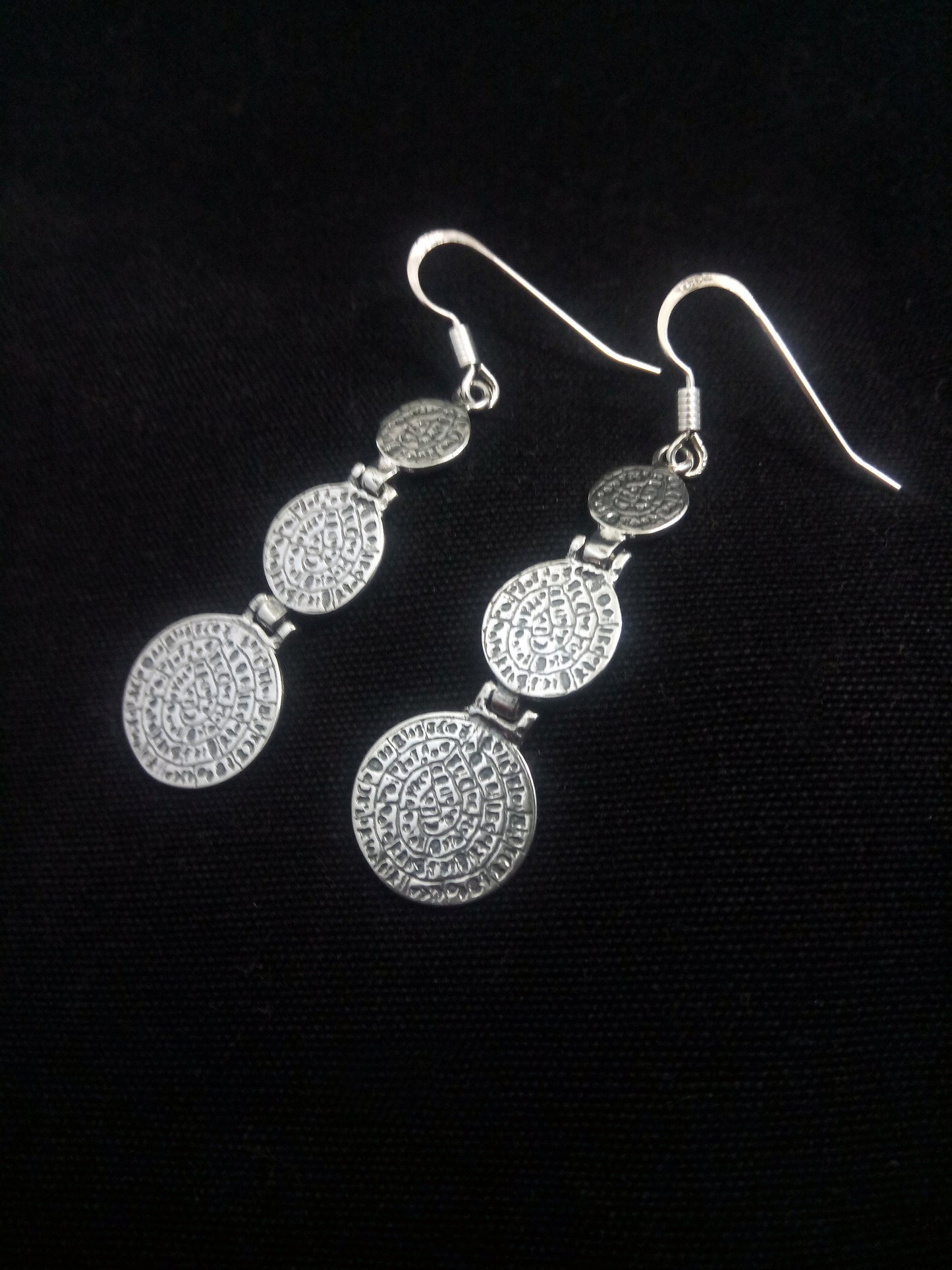 Sterling Silver 925 Phaistos Disc Greek Minoan Gradual Dangle Earrings, Griechischer Silber Ohrringe, Bijoux Grecque, Phaistos Earrings