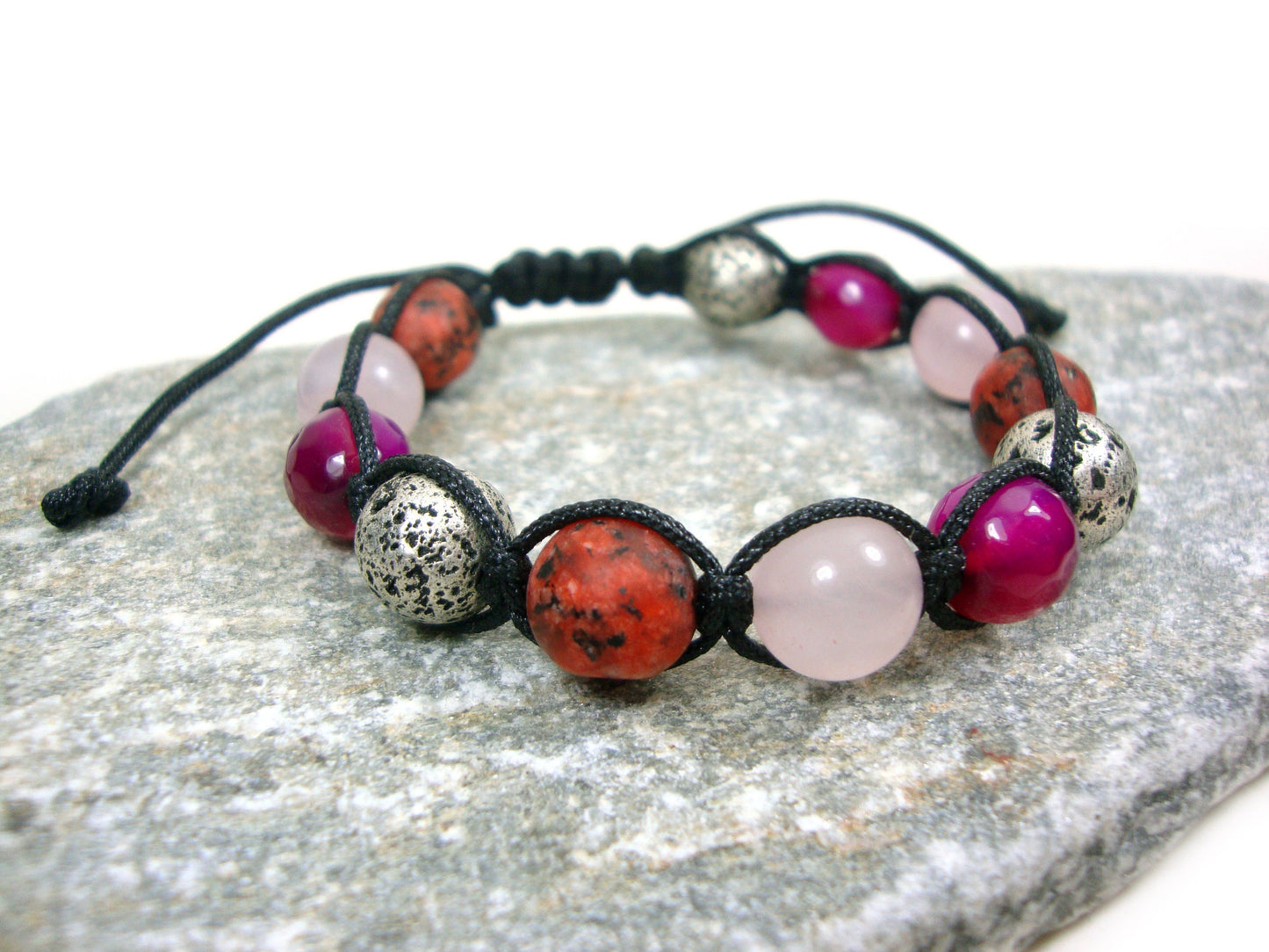 Natural Lava-Ruby Agate-Red Jasper-Pink Quartz 10mm Gemstone Bracelet, Men Women Unisex Bracelet, Gemstone Adjustable Bracelet