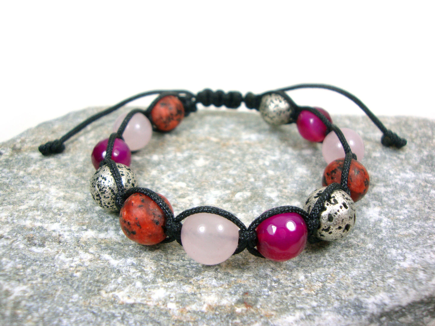 Natural Lava-Ruby Agate-Red Jasper-Pink Quartz 10mm Gemstone Bracelet, Men Women Unisex Bracelet, Gemstone Adjustable Bracelet