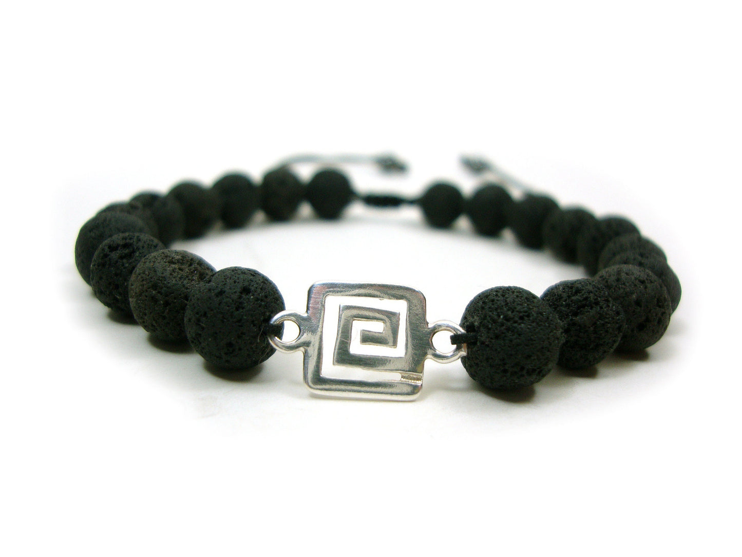 Sterling Silver 925 Ancient Greek Key Meander 9mm & Volcanic Santorini Lava Rough Matt Stones 8mm Macrame Bracelet, Lava Stein Armband