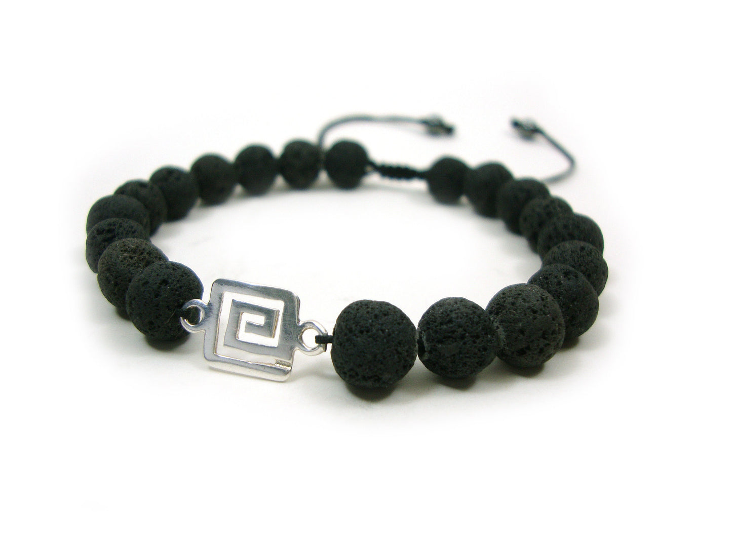 Sterling Silver 925 Ancient Greek Key Meander 9mm & Volcanic Santorini Lava Rough Matt Stones 8mm Macrame Bracelet, Lava Stein Armband