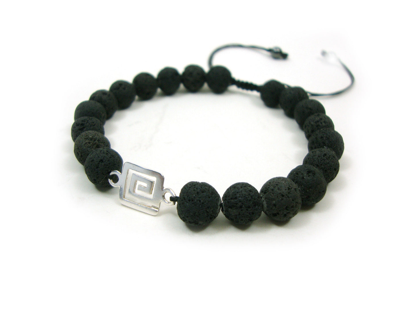 Sterling Silver 925 Ancient Greek Key Meander 9mm & Volcanic Santorini Lava Rough Matt Stones 8mm Macrame Bracelet, Lava Stein Armband
