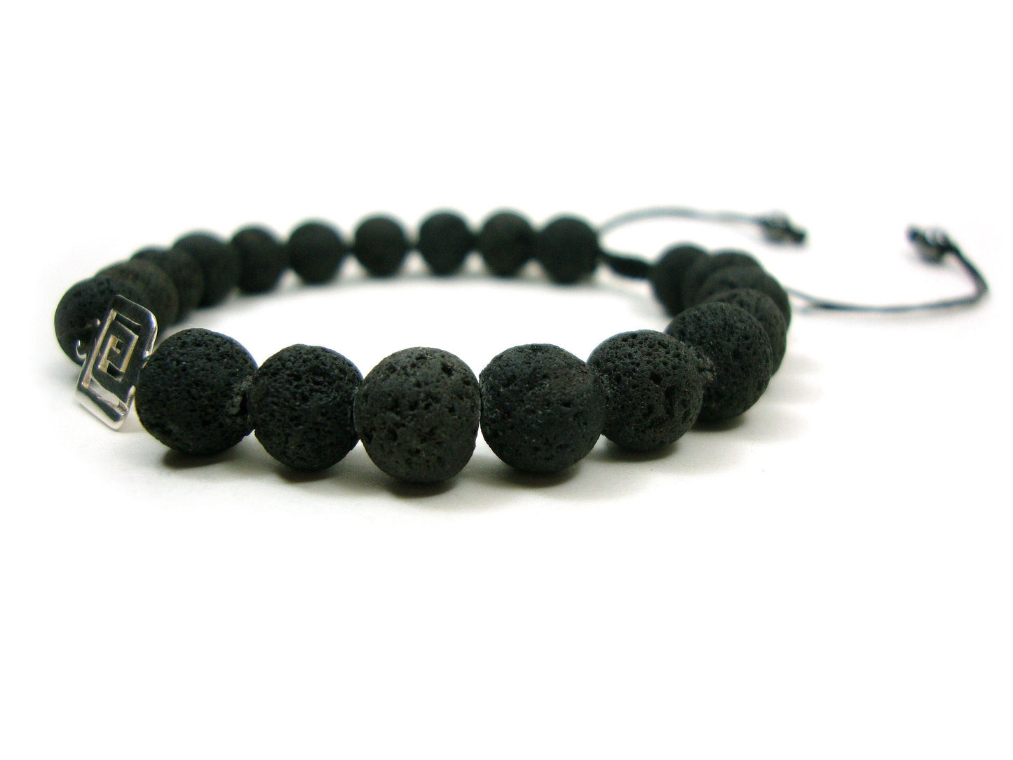 Sterling Silver 925 Ancient Greek Key Meander 9mm & Volcanic Santorini Lava Rough Matt Stones 8mm Macrame Bracelet, Lava Stein Armband