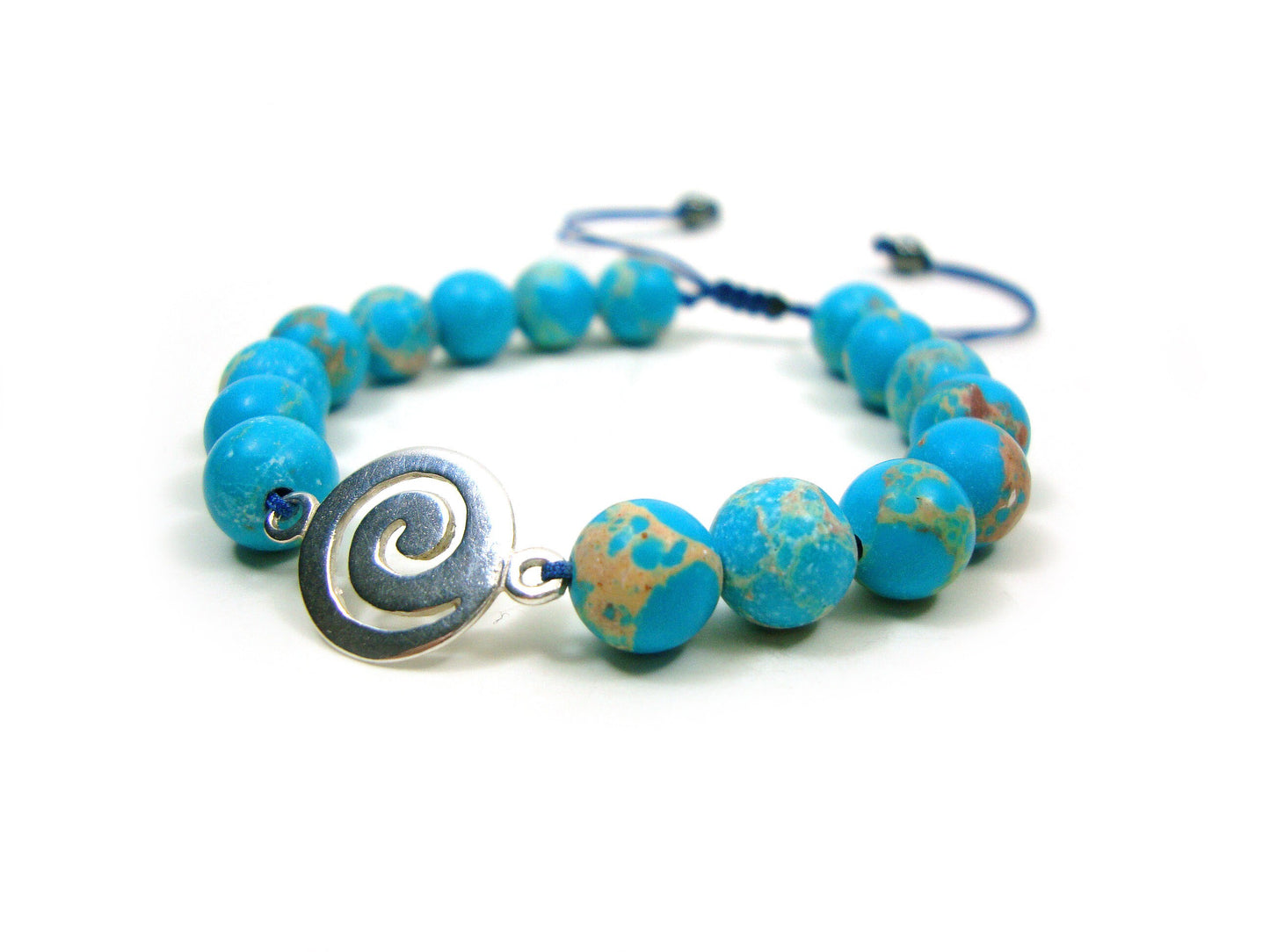 Sterling Silver 925 Ancient Greek Spiral Infinity Key & Earth Blue Natural Agate Stones 8mm Macrame Bracelet, Agate Stein Armband