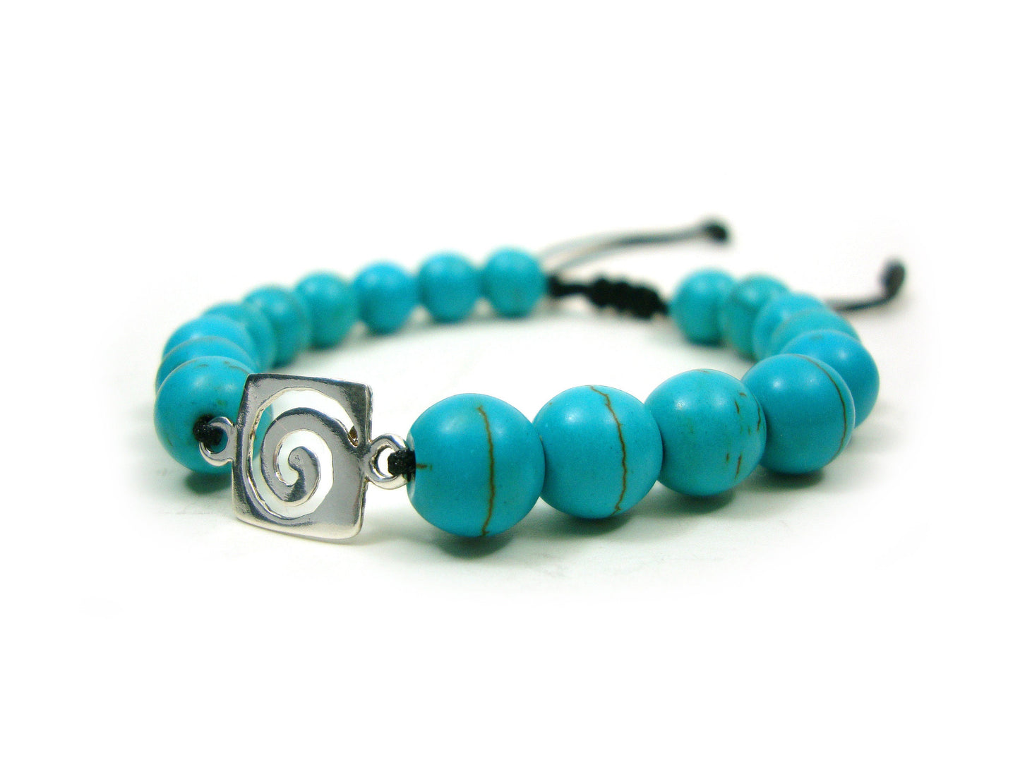 Sterling Silver 925 Ancient Greek Spiral Infinity Key Design & Natural Blue Howlite Stones 8mm Macrame Bracelet, Natur Blau Stein Armband