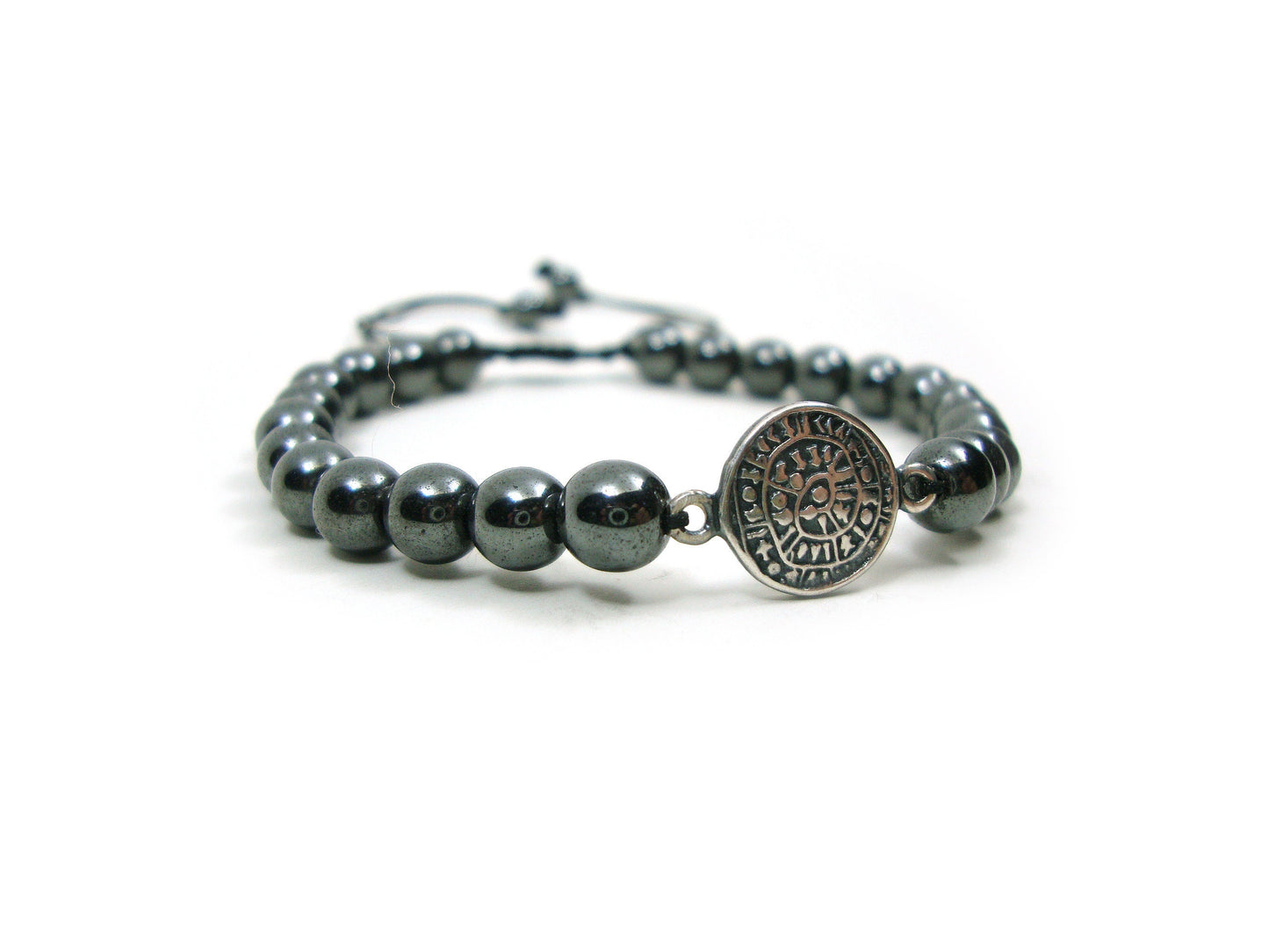 Sterling Silver 925 Ancient Greek Spiral Infinity Key Design & Natural Gray Hematite Stones 6mm Macrame Bracelet, Natur Stein Armband