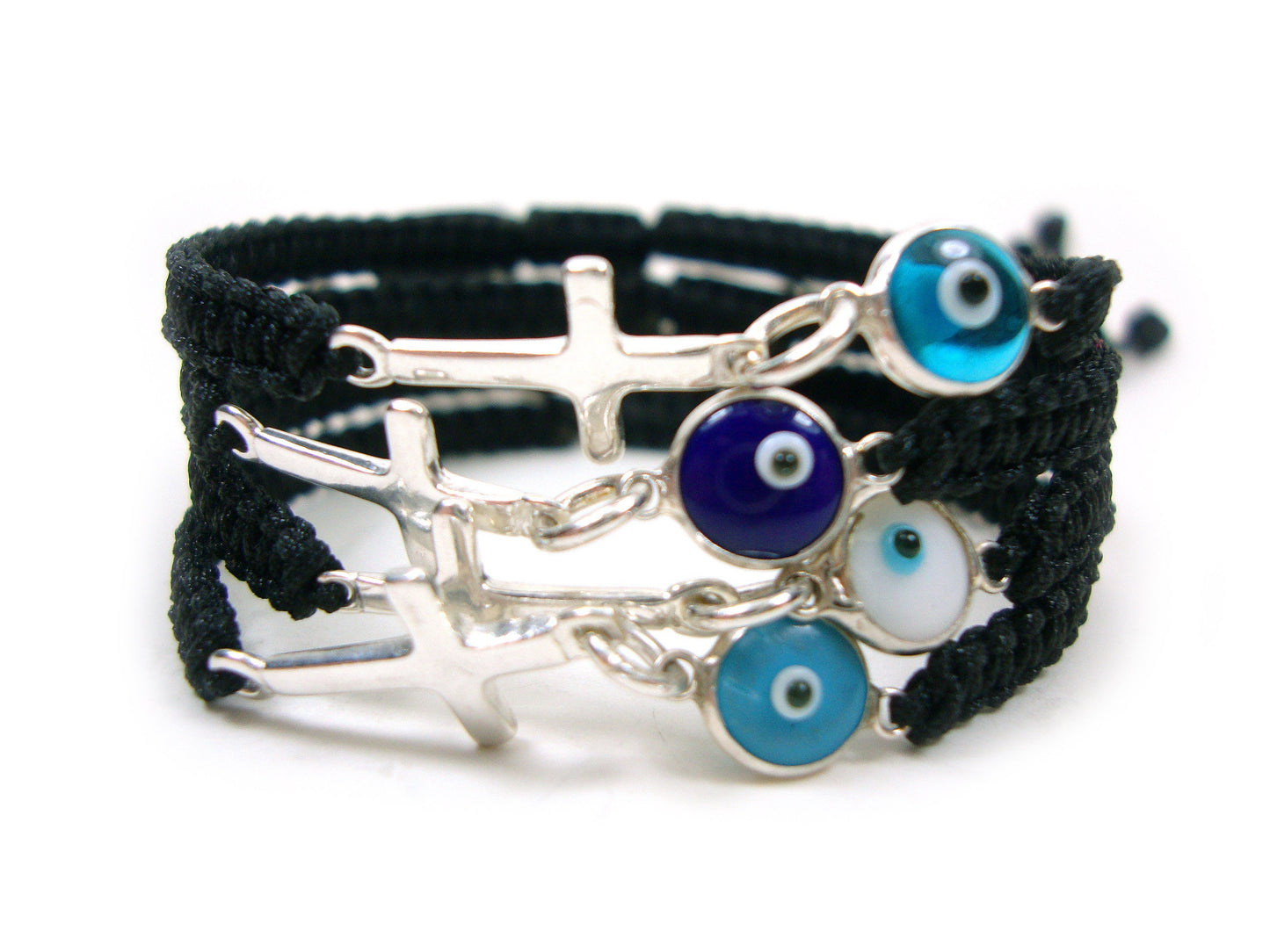Evil Eye Bracelets, Good Luck 7mm & Cross Handmade Adjustable Macrame Bracelet , Griechische Silber Armband, Bijoux Grecque