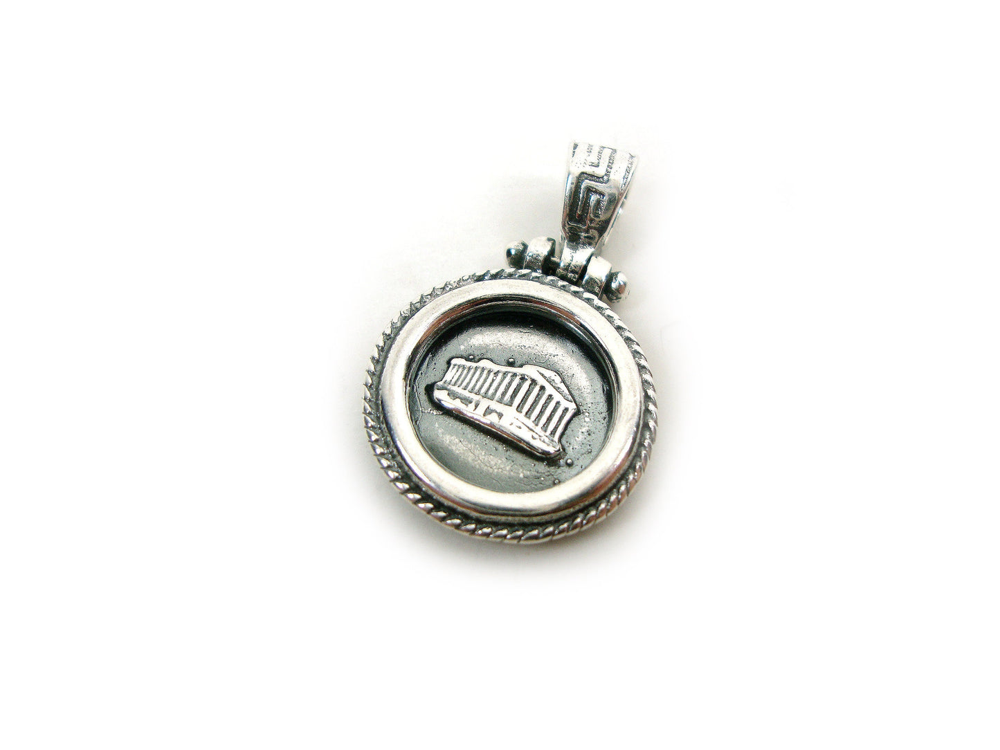 Sterling Silver 925 Ancient Greek Temple Acropolis Athens Parthenon Round Pendant 17mm, Griechische Eule Anhanger, Pendetif Grecque Bijoux