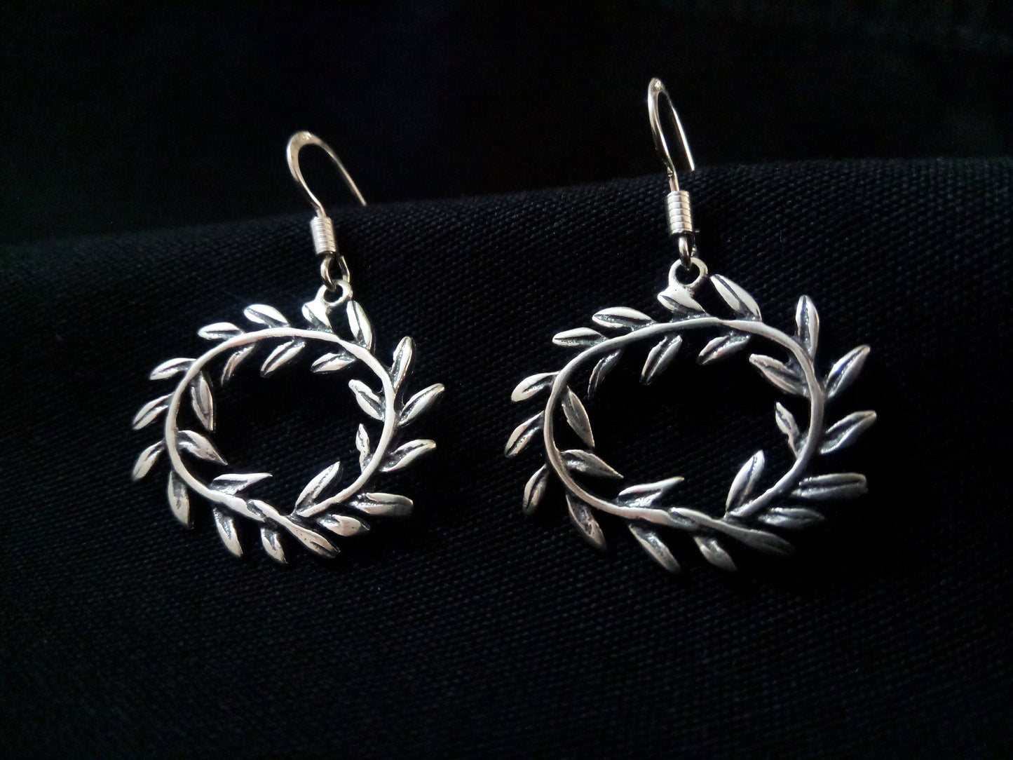 Sterling Silver 925 Greek Olive Leaf Leaves Oval Wreath Dangle Earrings, Leaf Greek Olive Leaf Silver Earrings, Griechische Silber Ohrringe