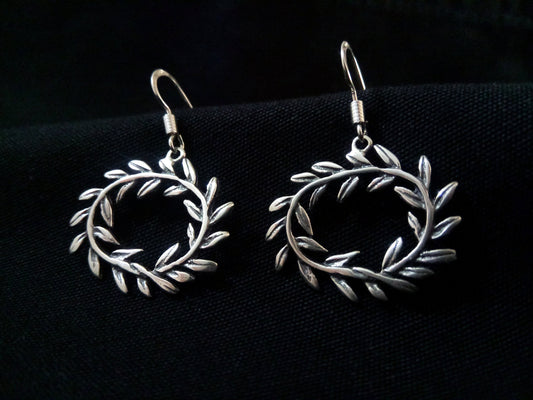 Sterling Silver 925 Greek Olive Leaf Leaves Oval Wreath Dangle Earrings, Leaf Greek Olive Leaf  Silver Earrings, Griechische Silber Ohrringe