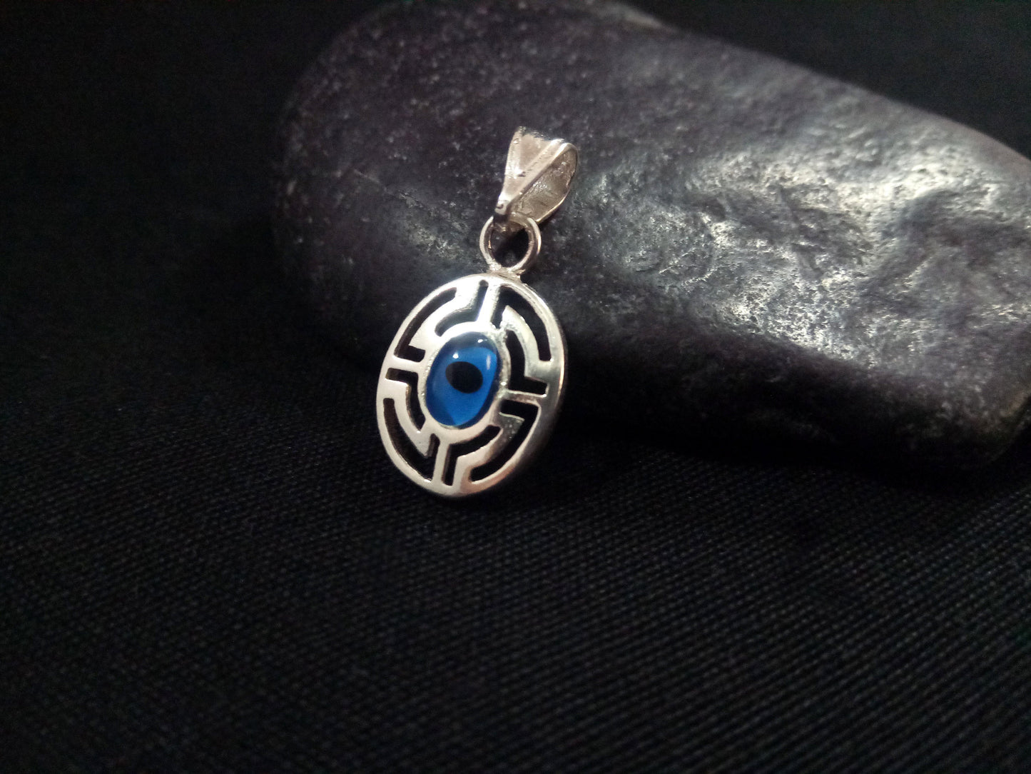 Sterling Silver 925 Evil Eye Greek Turkish Oval Meander Pendant 12x15mm, Mati Blue Evil Eye Pendant Pendant, Pendetif Grecque Mati