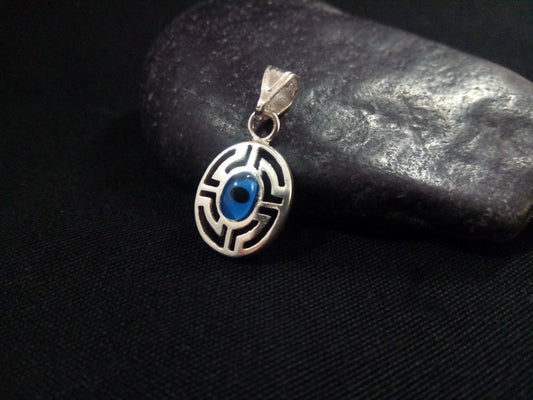 Sterling Silver 925 Evil Eye Greek Turkish Oval Meander Pendant 12x15mm, Mati Blue Evil Eye Pendant Pendant, Pendetif Grecque Mati