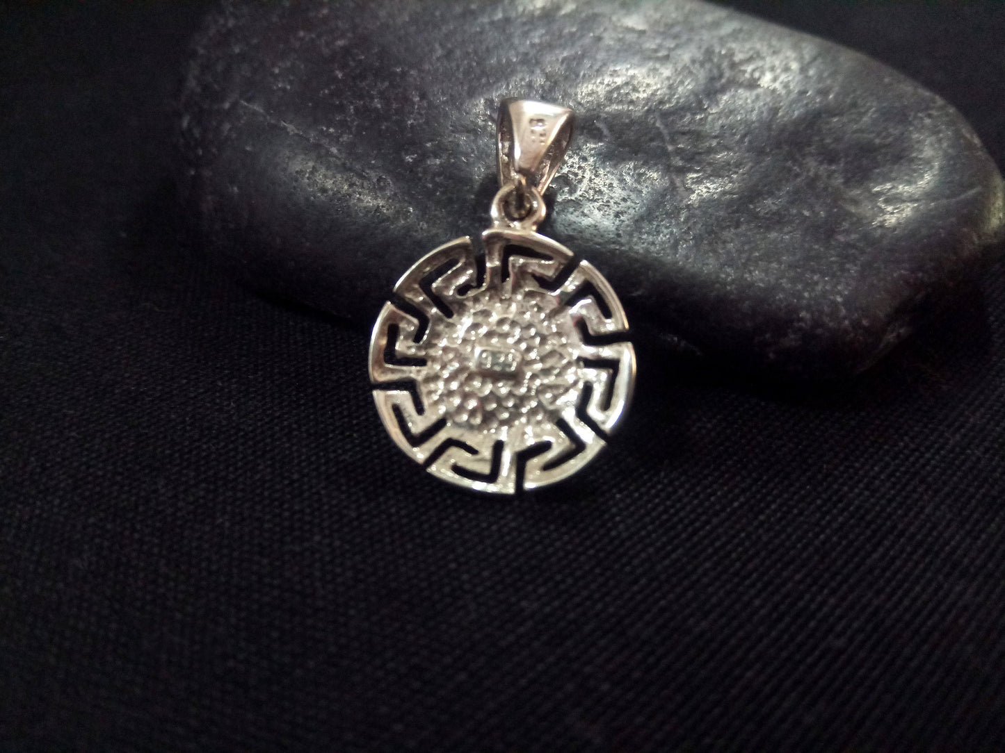 Sterling Silver 925 Evil Eye Greek Key Turkish Round Meander Pendant 16mm, Mati Blue Evil Eye Pendant Pendant, Pendetif Grecque Mati