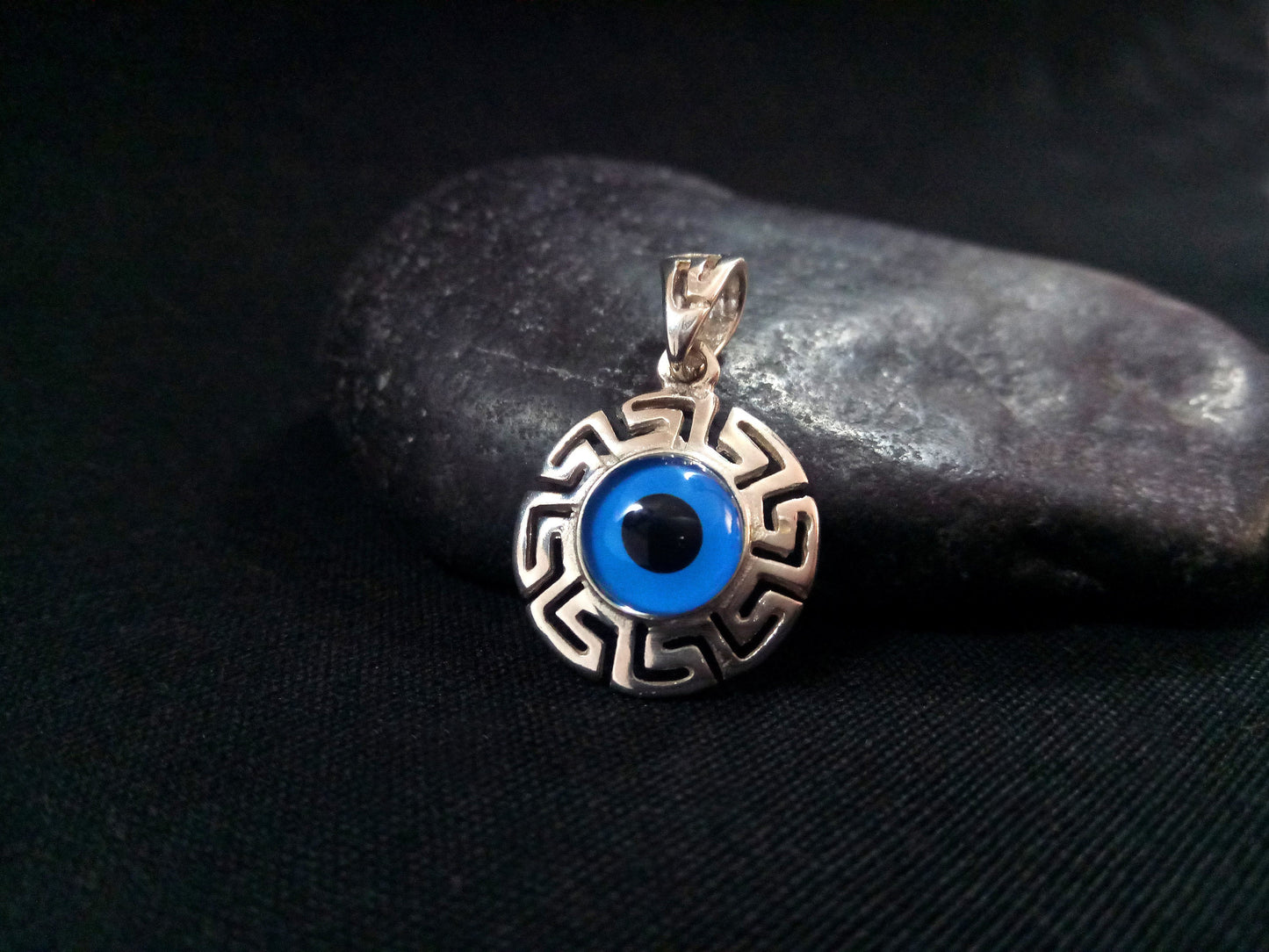 Sterling Silver 925 Evil Eye Greek Key Turkish Round Meander Pendant 16mm, Mati Blue Evil Eye Pendant Pendant, Pendetif Grecque Mati