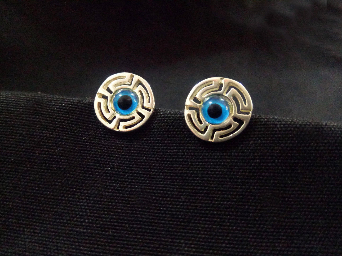 Image of Sterling Silver 925 Evil Eye Greek Turkish Round Meander Stud Earrings, featuring intricate Evil Eye motif, 12mm in diameter, from Sirioti Jewelry.