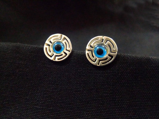 Image of Sterling Silver 925 Evil Eye Greek Turkish Round Meander Stud Earrings, featuring intricate Evil Eye motif, 12mm in diameter, from Sirioti Jewelry.