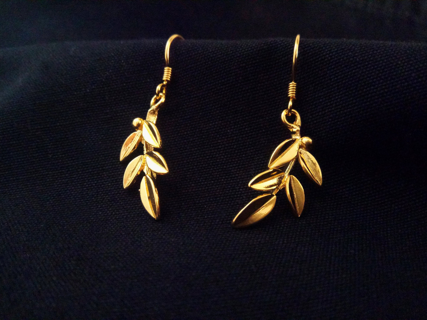 Sterling Silver 925 Greek Olive Leaf Leaves Gold Plated 22K Dangle Earrings, Leaf Gold Plated Silver Earrings, Griechische Gold Ohrringe