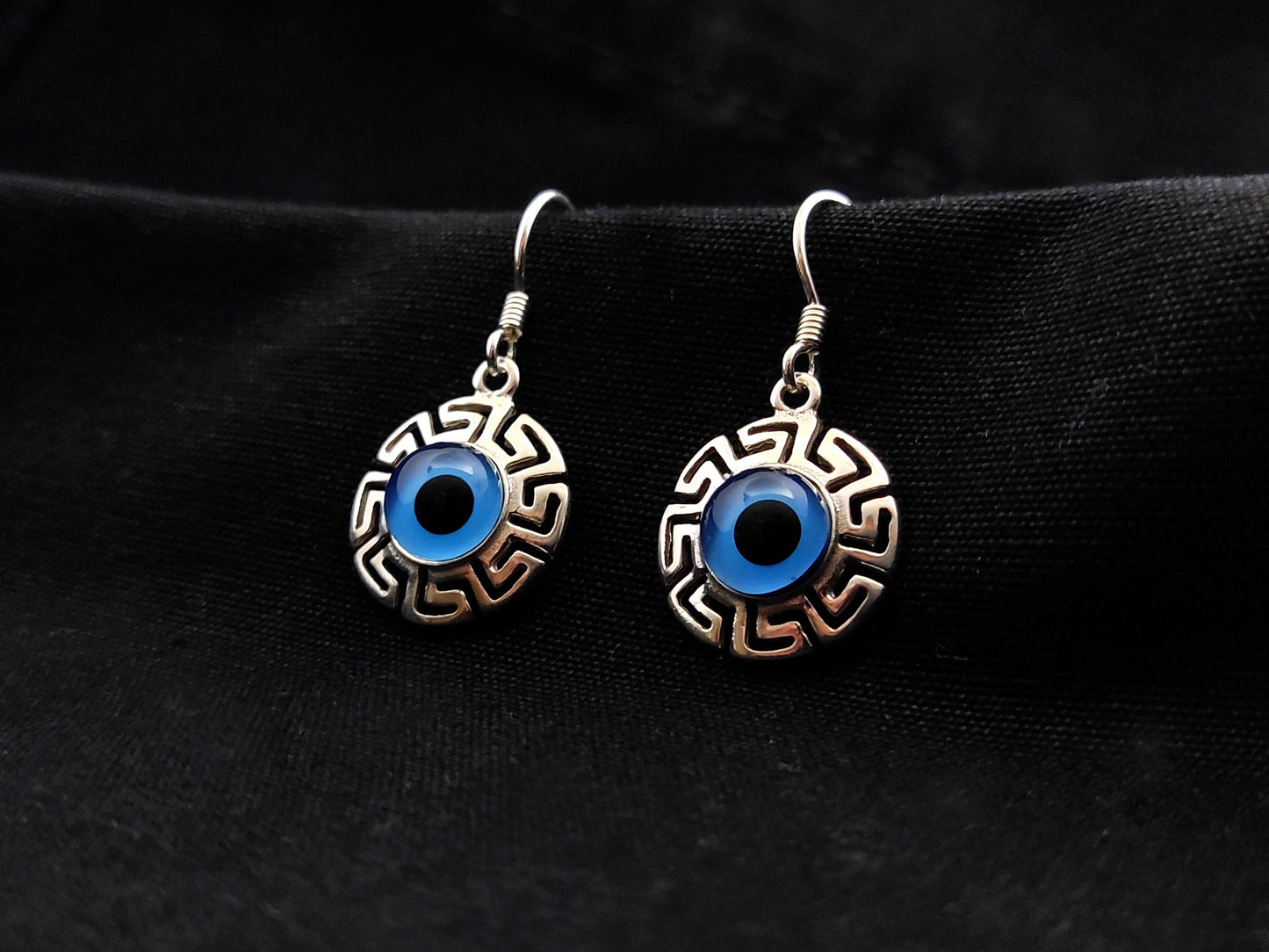 Greek Key Evil Eye Round Silver Dangle Earrings 16mm