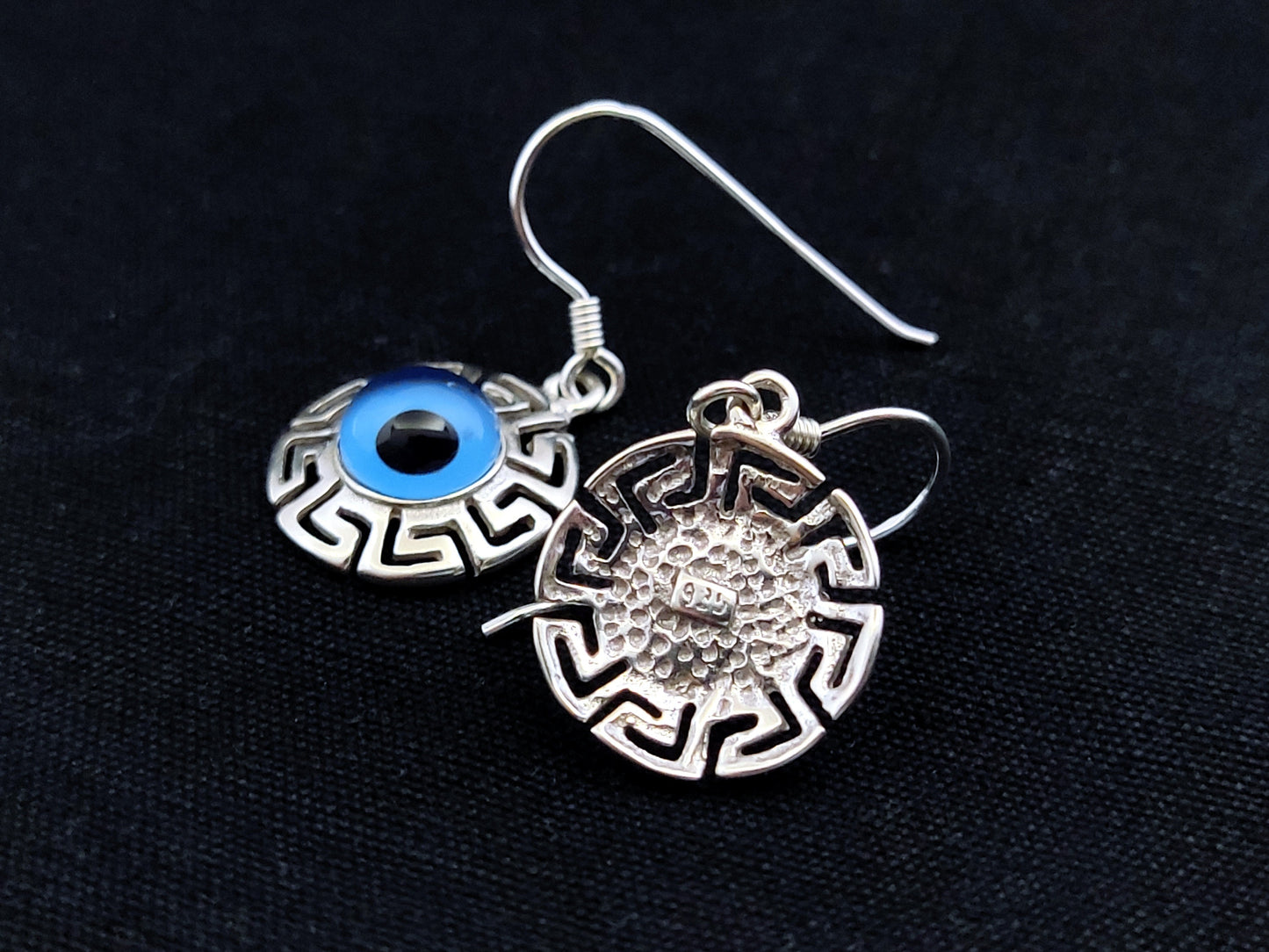 Greek Key Evil Eye Round Silver Dangle Earrings 16mm