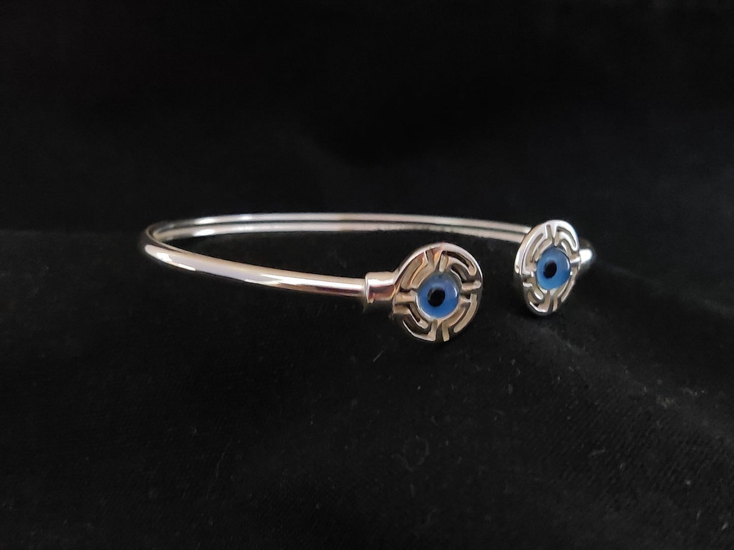 Sterling Silver 925 Ancient Greek Meander Blue Evil Eye Mati Bangle Cuff Adjustable Bracelet , Greek Jewelry, Griechische Silber Armband