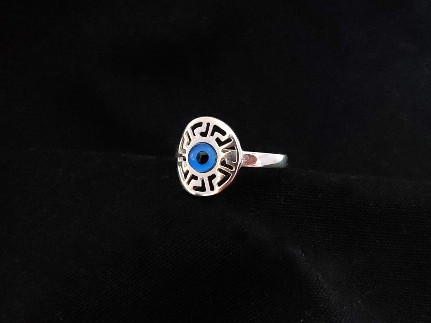 Sterling Silver 925 Ancient Greek Meander Blue Evil Eye Mati Round Ring , Greek Jewelry, Griechische Silber Schmuck, Bague Grecque, Evil Eye