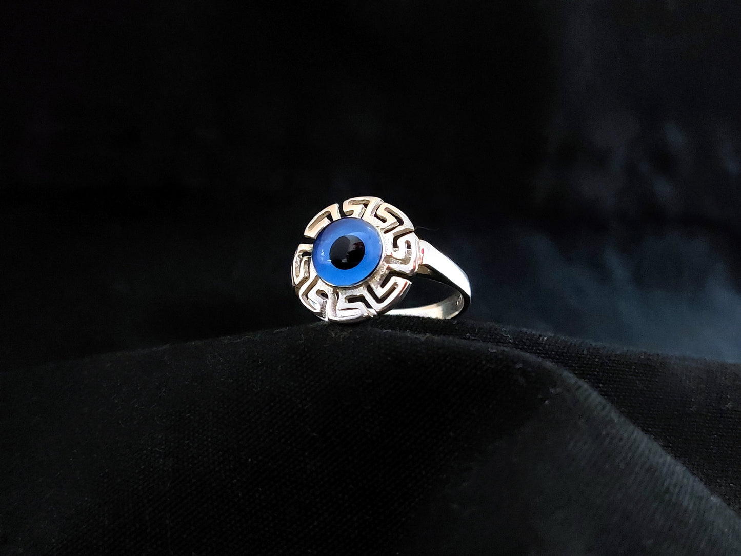 Sterling Silver 925 Ancient Greek Meander Blue Evil Eye Mati 17mm Round Ring , Greek Jewelry, Griechische Ring, Bague Grecque, Evil Eye
