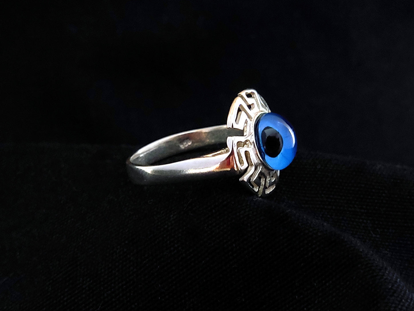 Sterling Silver 925 Ancient Greek Meander Blue Evil Eye Mati 17mm Round Ring , Greek Jewelry, Griechische Ring, Bague Grecque, Evil Eye