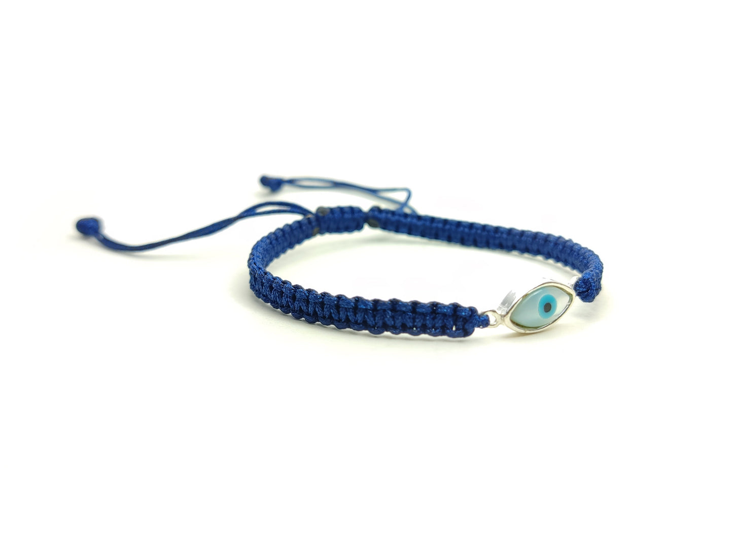 Sterling Silver 925 Greek Evil Eye Mati Good Luck Adjustable Macrame Blue Bracelet 12x6mm , Griechische Silber Armband, Bijoux Grecque