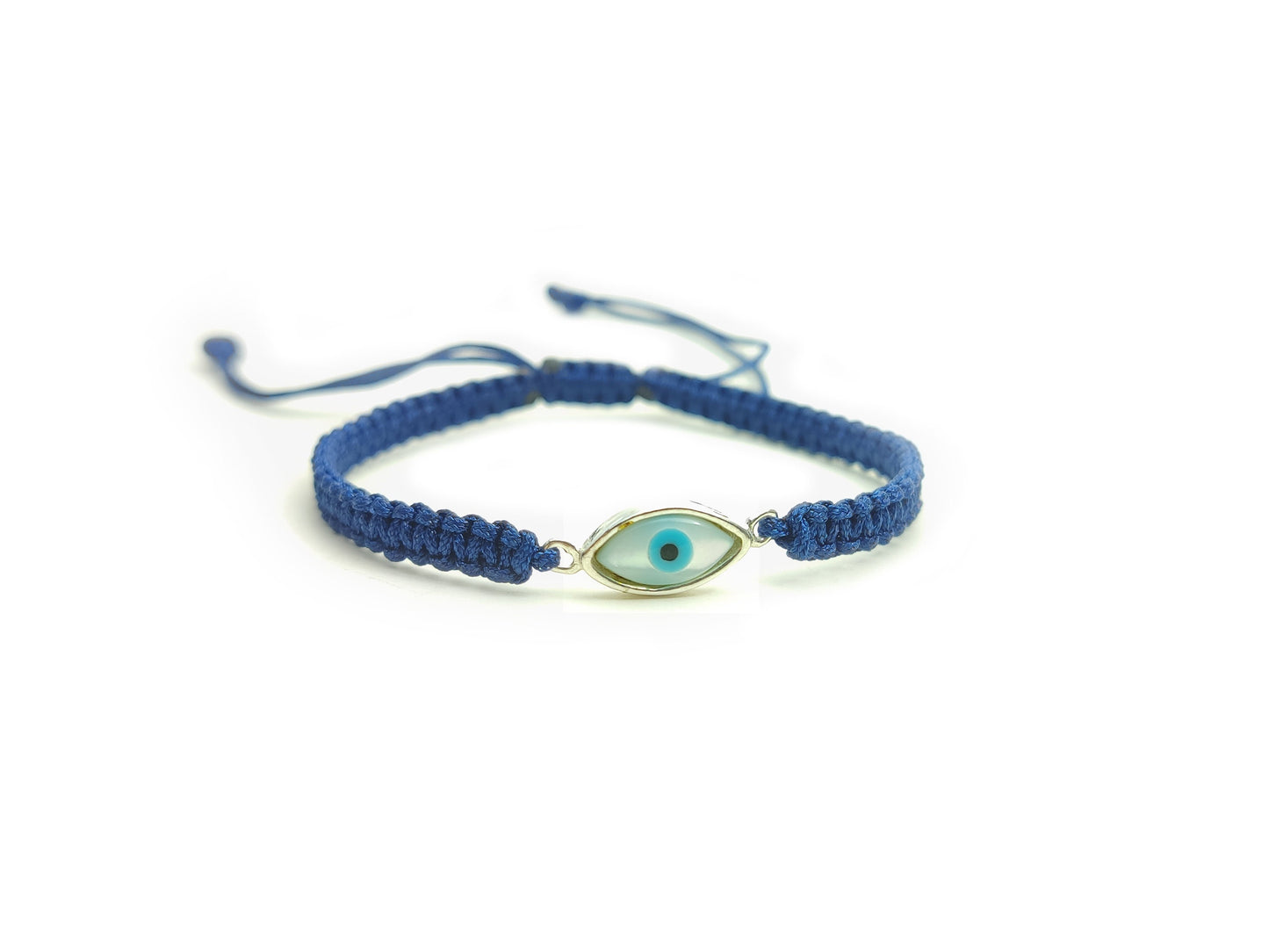 Sterling Silver 925 Greek Evil Eye Mati Good Luck Adjustable Macrame Blue Bracelet 12x6mm , Griechische Silber Armband, Bijoux Grecque