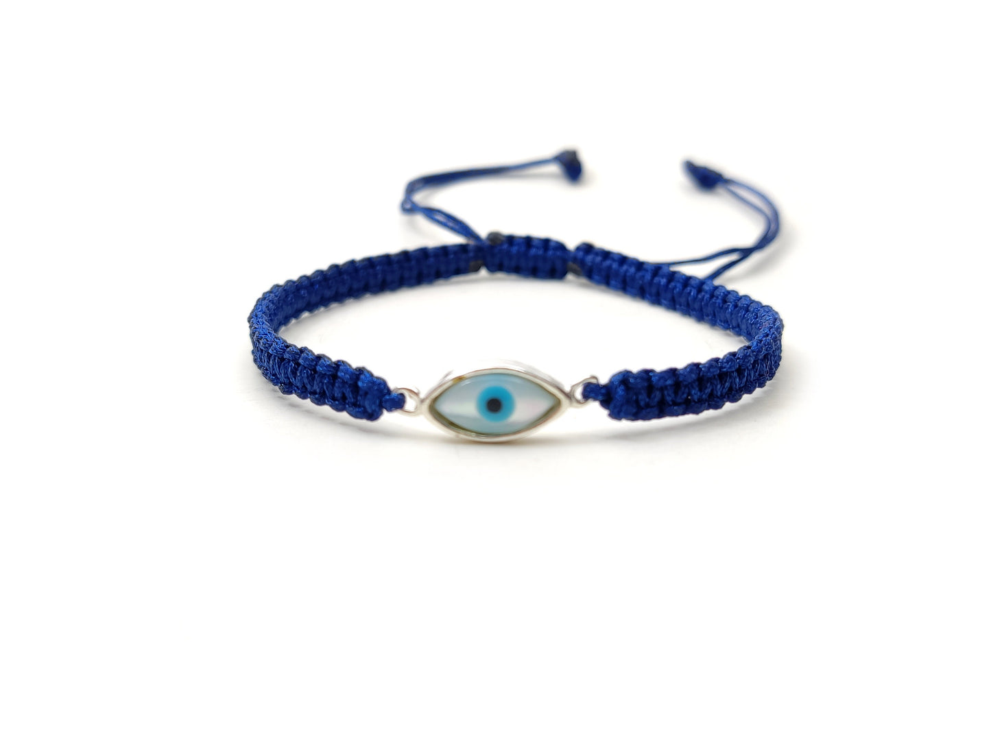 Sterling Silver 925 Greek Evil Eye Mati Good Luck Adjustable Macrame Blue Bracelet 12x6mm , Griechische Silber Armband, Bijoux Grecque