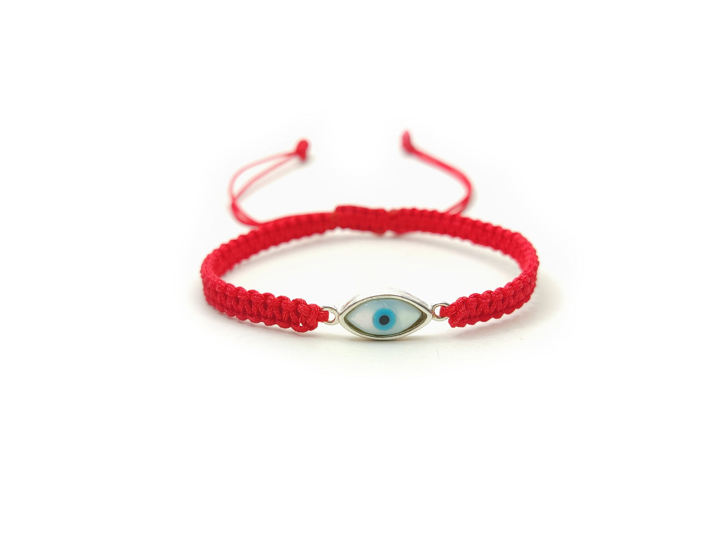 Sterling Silver 925 Greek Evil Eye Mati Good Luck Adjustable Macrame Red Bracelet 12x6mm , Griechische Silber Armband, Bijoux Grecque