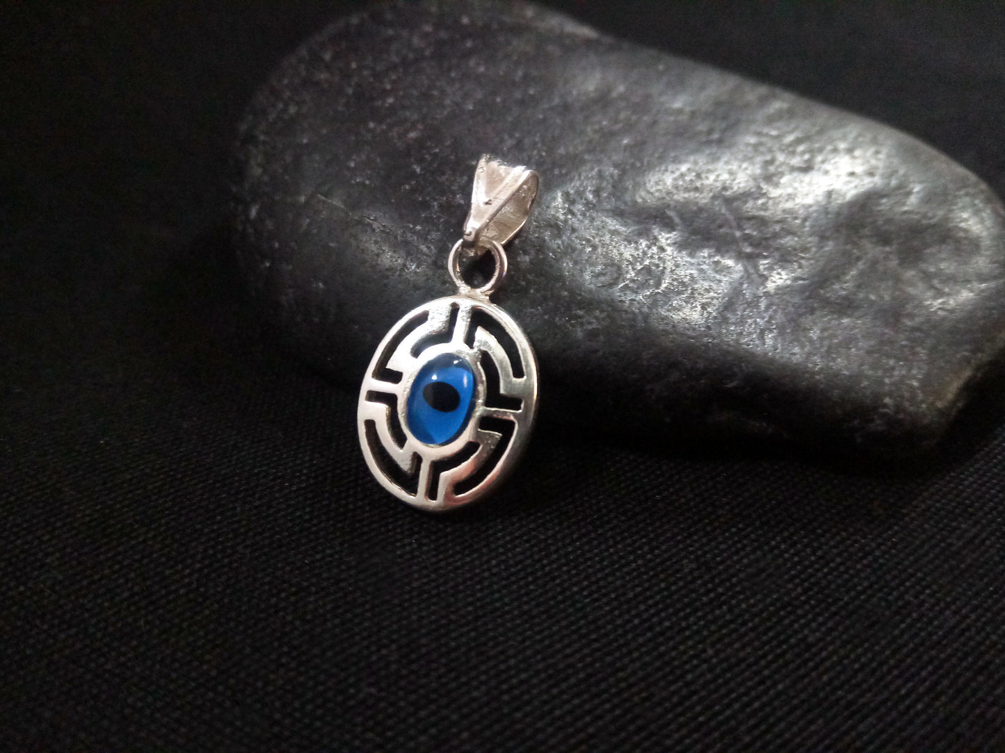 Sterling Silver 925 Evil Eye Greek Turkish Oval Meander Pendant 12x15mm, Mati Blue Evil Eye Pendant Pendant, Pendetif Grecque Mati