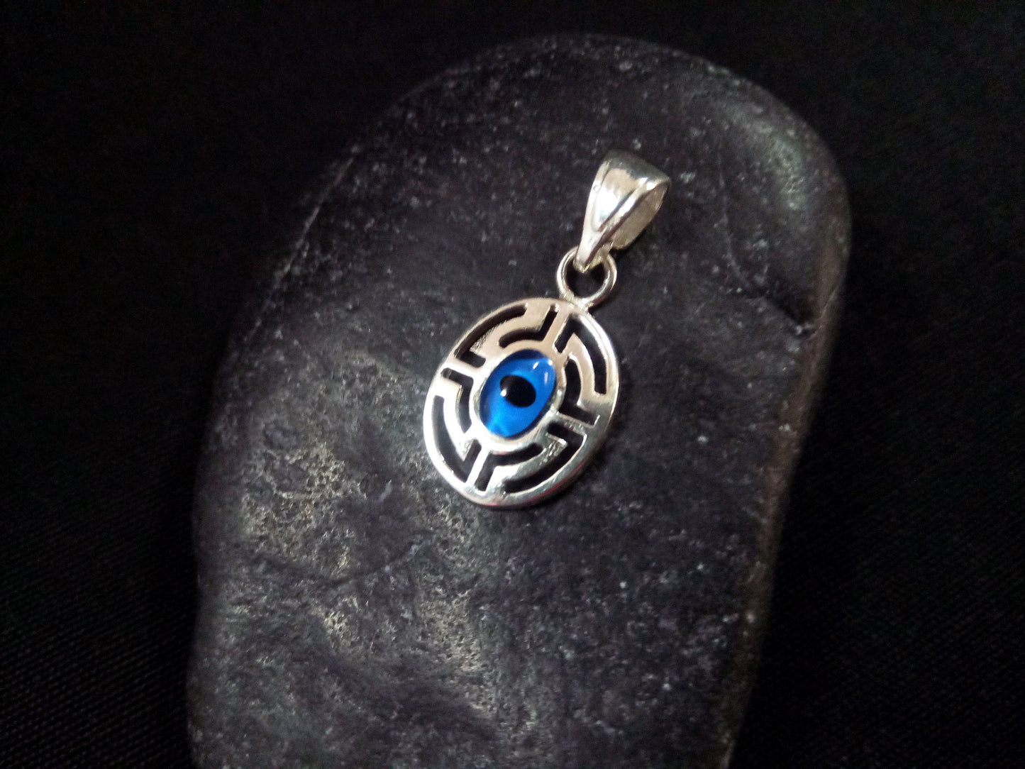 Sterling Silver 925 Evil Eye Greek Turkish Oval Meander Pendant 12x15mm, Mati Blue Evil Eye Pendant Pendant, Pendetif Grecque Mati