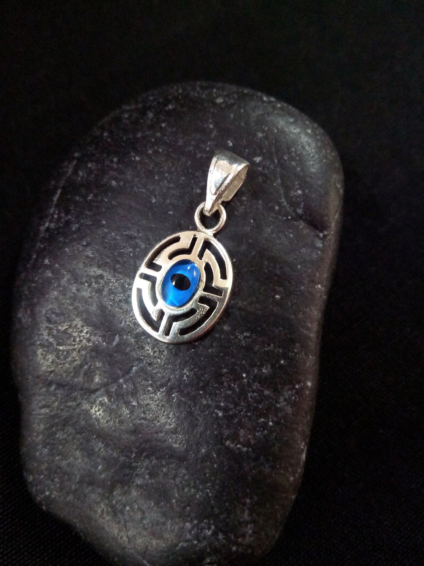 Sterling Silver 925 Evil Eye Greek Turkish Oval Meander Pendant 12x15mm, Mati Blue Evil Eye Pendant Pendant, Pendetif Grecque Mati