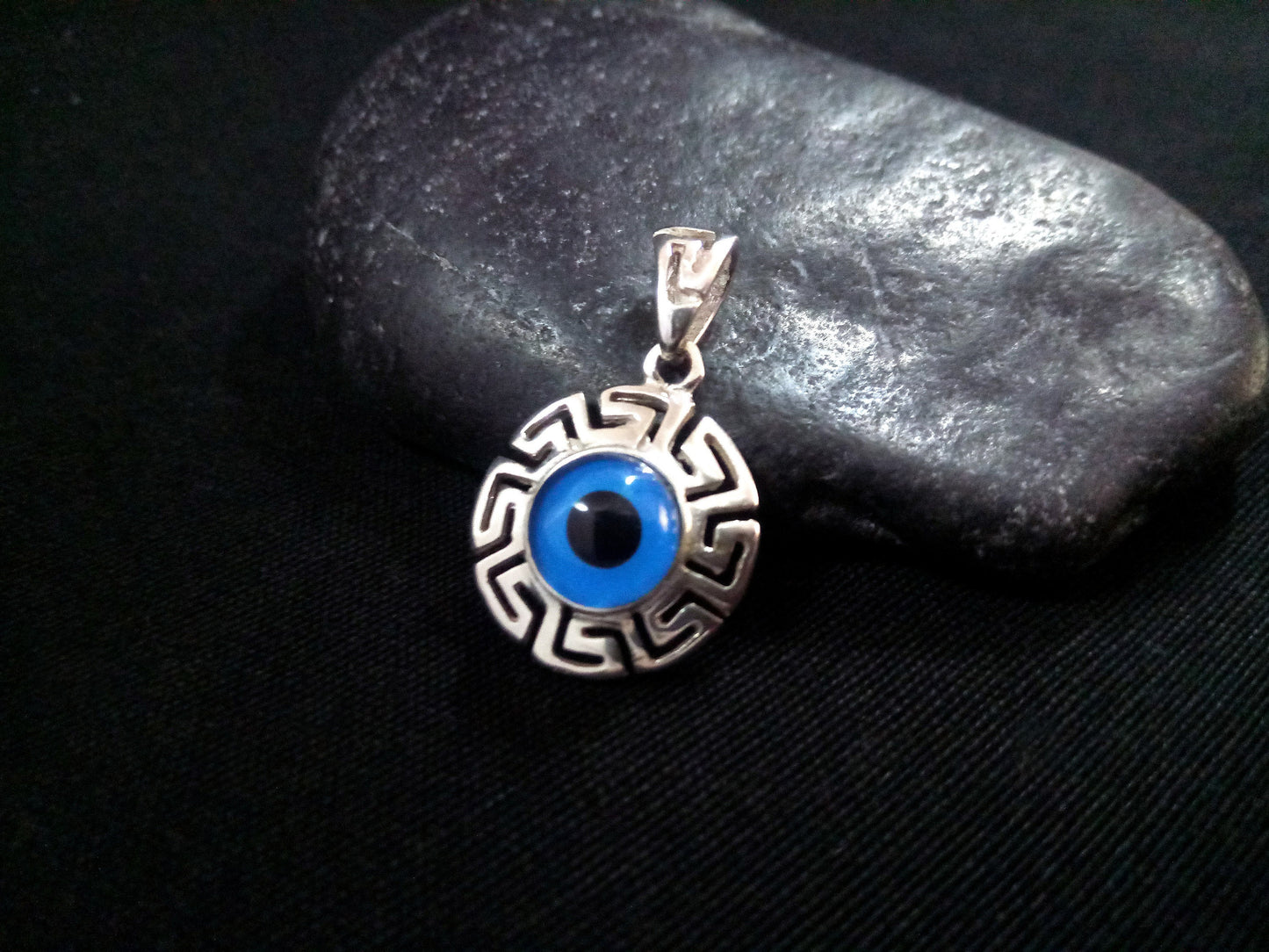 Sterling Silver 925 Evil Eye Greek Key Turkish Round Meander Pendant 16mm, Mati Blue Evil Eye Pendant Pendant, Pendetif Grecque Mati
