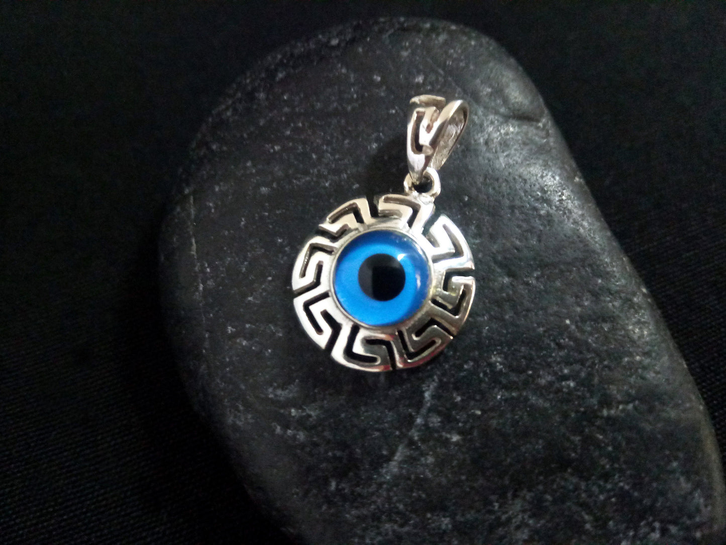 Sterling Silver 925 Evil Eye Greek Key Turkish Round Meander Pendant 16mm, Mati Blue Evil Eye Pendant Pendant, Pendetif Grecque Mati