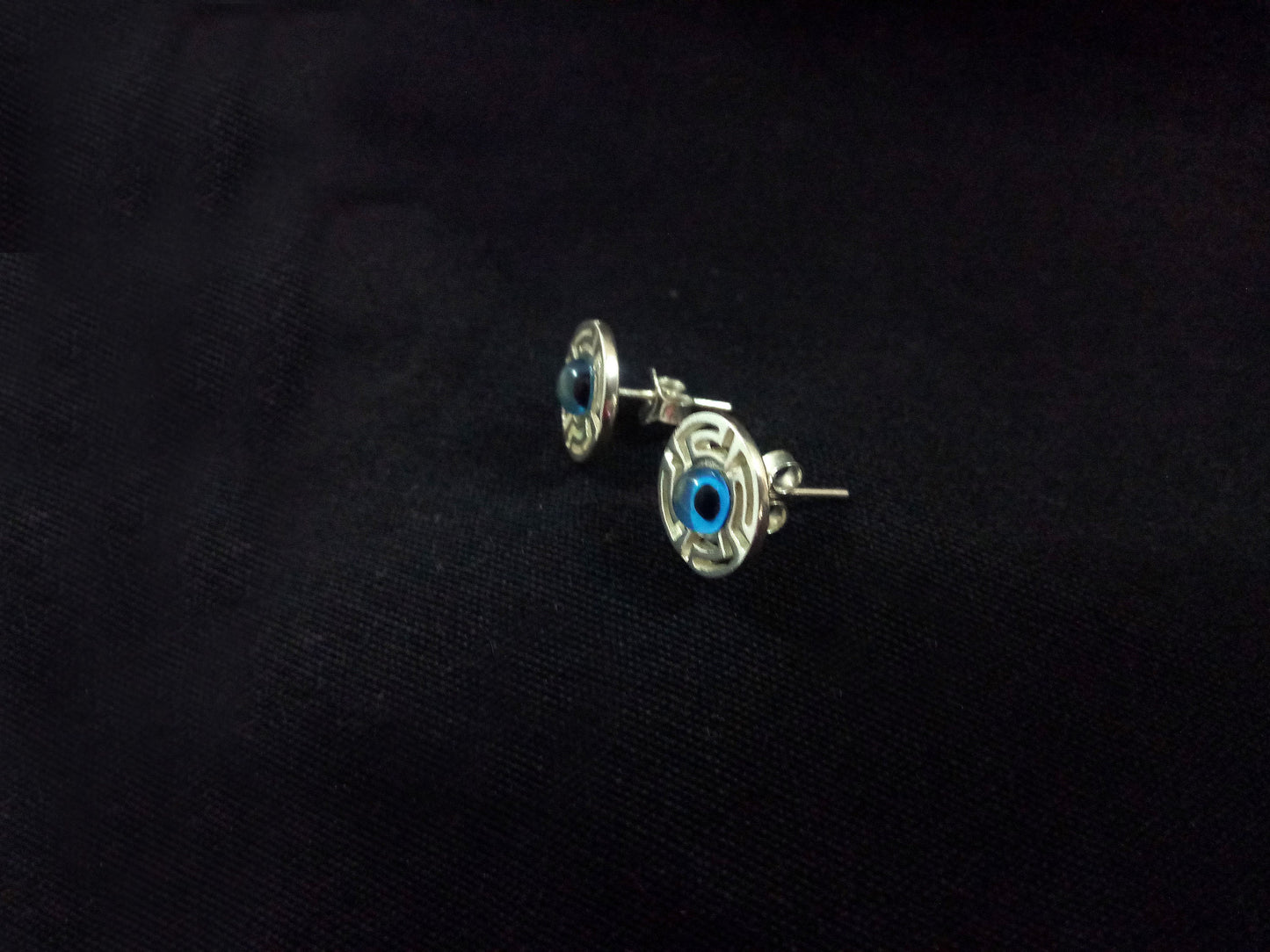 Greek Key Evil Eye Stud Silver Earrings