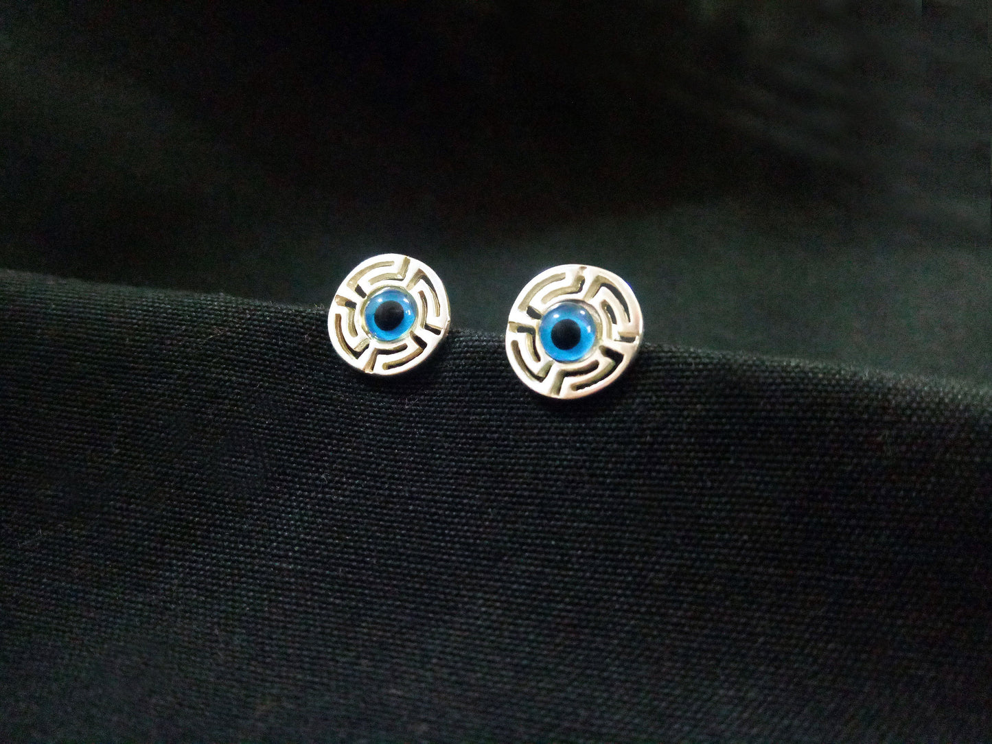Greek Key Evil Eye Stud Silver Earrings