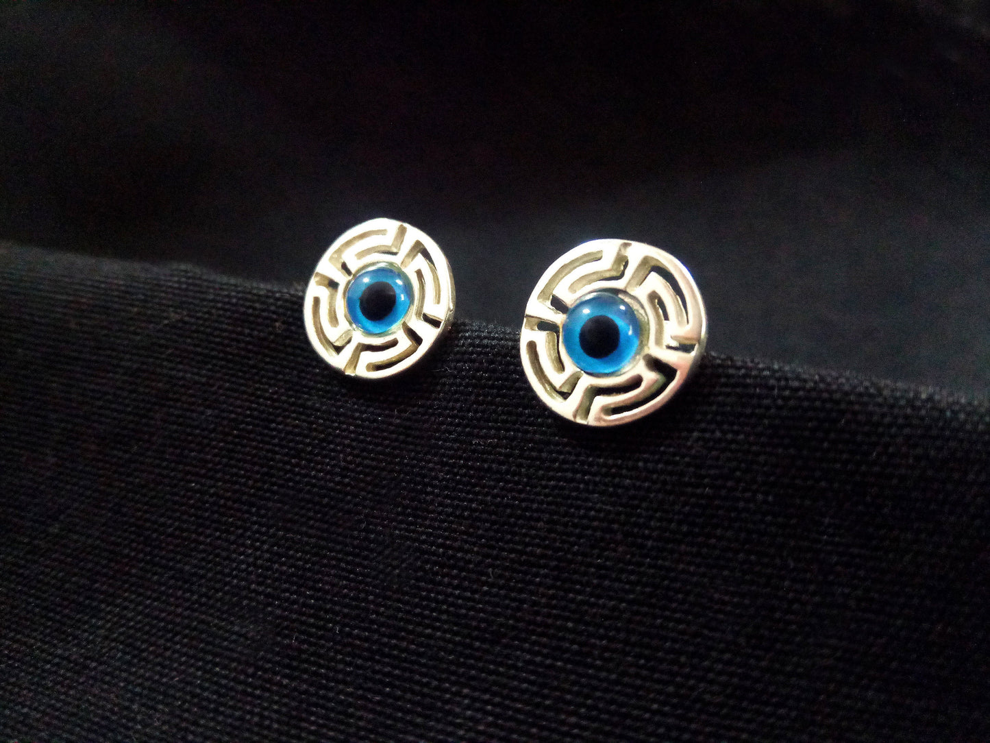 Greek Key Evil Eye Stud Silver Earrings