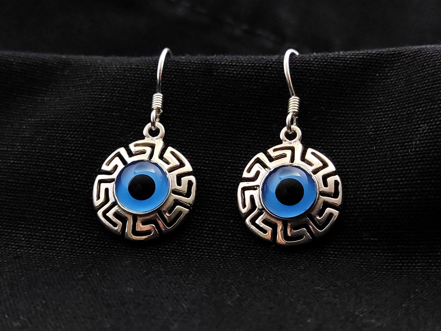 Sterling Silver 925 Evil Eye Greek Turkish Round Meander Earrings 16mm - Mati Blue Evil Eye Luck Earrings Jewelry, Bijoux Grecque Mati