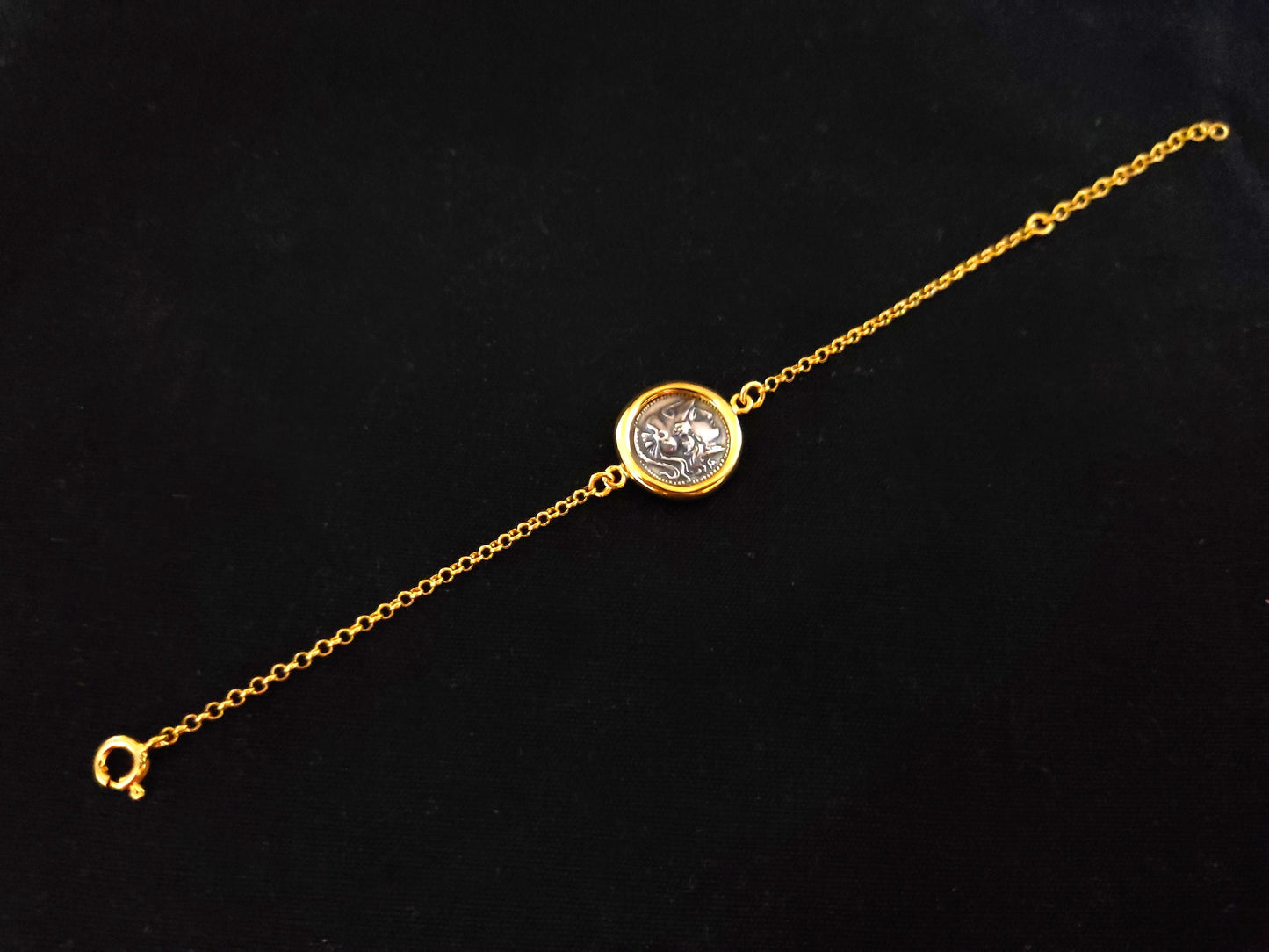 Goddess Athena Gold Plated Silver Chain Coin 17mm Bracelet