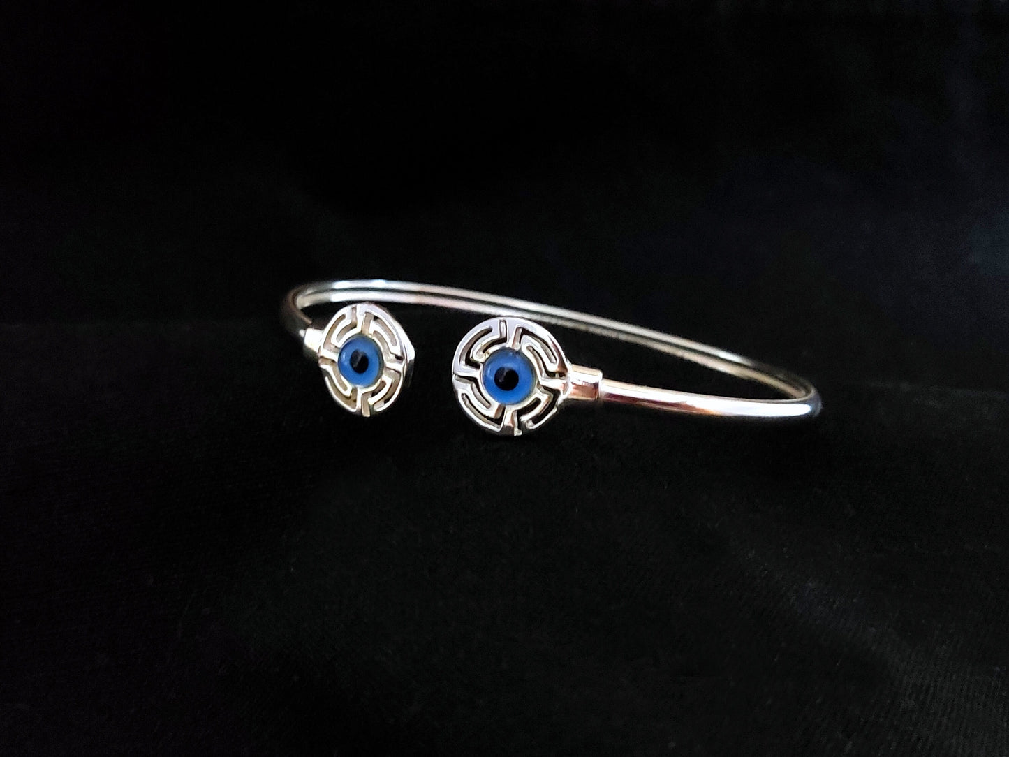 Sterling Silver 925 Ancient Greek Meander Blue Evil Eye Mati Bangle Cuff Adjustable Bracelet , Greek Jewelry, Griechische Silber Armband