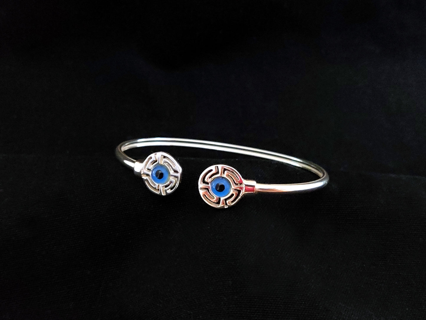 Sterling Silver 925 Ancient Greek Meander Blue Evil Eye Mati Bangle Cuff Adjustable Bracelet , Greek Jewelry, Griechische Silber Armband