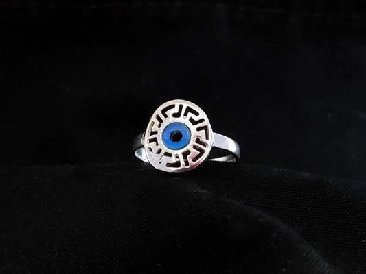Sterling Silver 925 Ancient Greek Meander Blue Evil Eye Mati Round Ring , Greek Jewelry, Griechische Silber Schmuck, Bague Grecque, Evil Eye