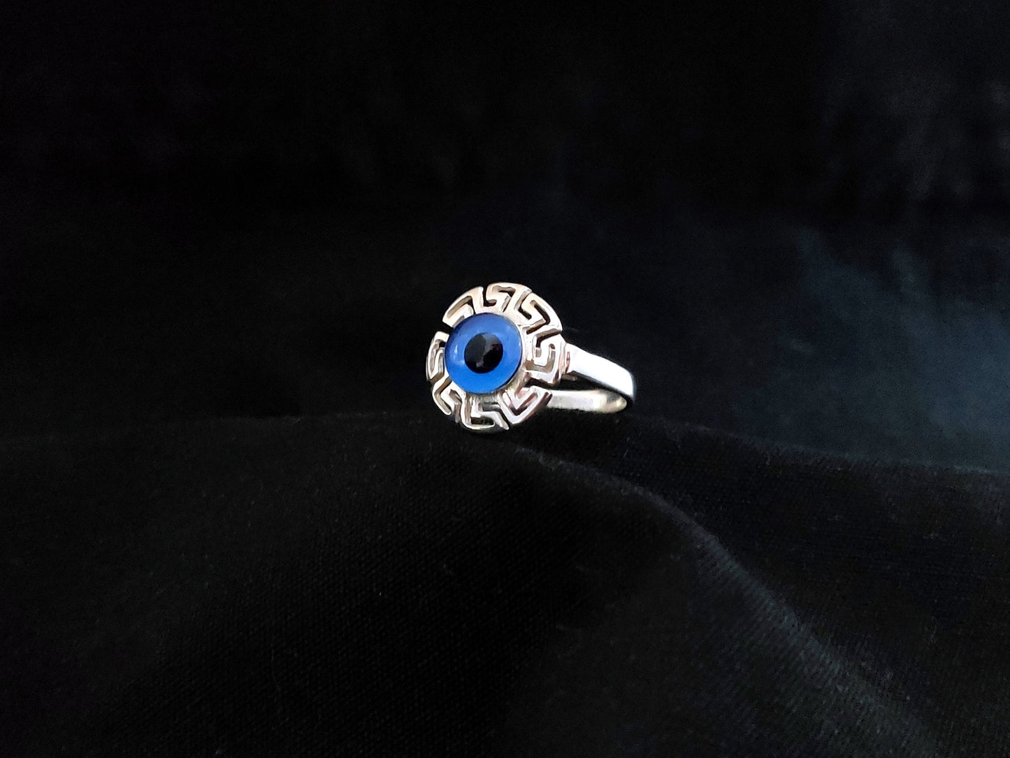 Sterling Silver 925 Ancient Greek Meander Blue Evil Eye Mati 17mm Round Ring , Greek Jewelry, Griechische Ring, Bague Grecque, Evil Eye