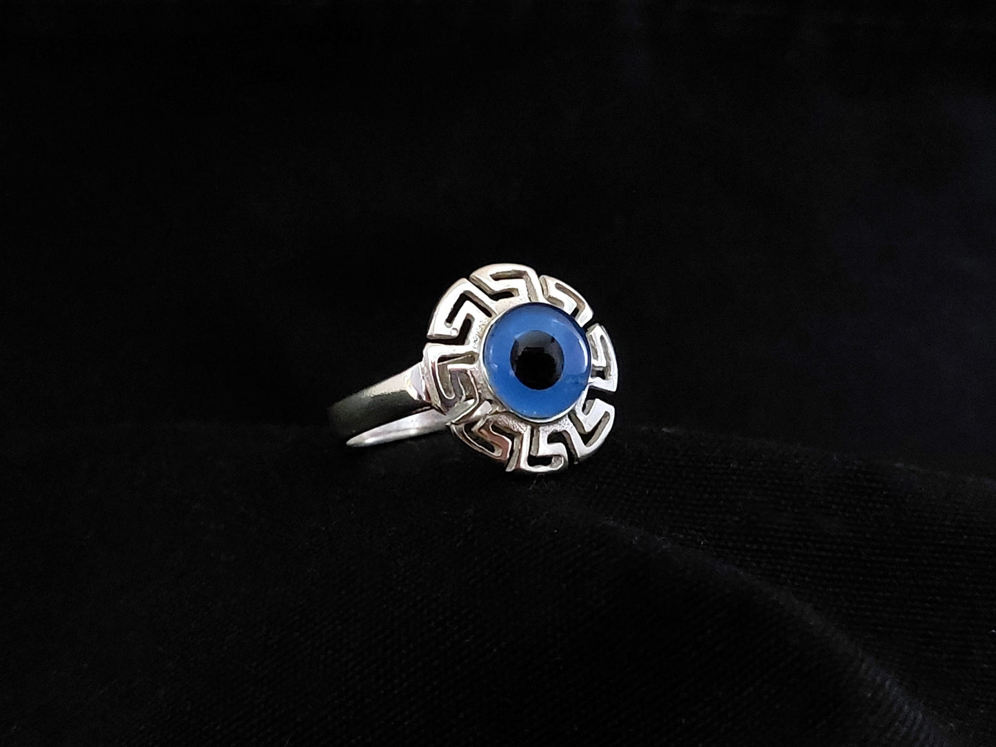 Sterling Silver 925 Ancient Greek Meander Blue Evil Eye Mati 17mm Round Ring , Greek Jewelry, Griechische Ring, Bague Grecque, Evil Eye